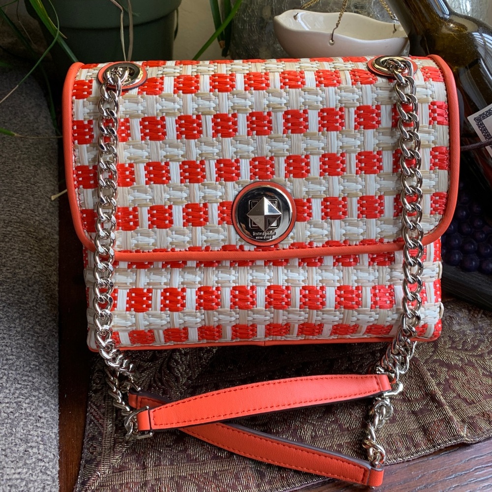 Authentic KATE SPADE Straw/Leather Flap turnlock crossbody/Shoulder bag - Picture 2 of 16